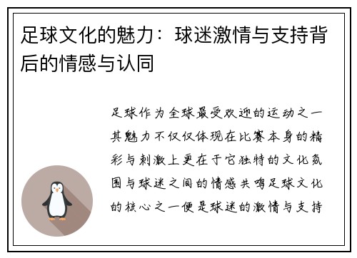 足球文化的魅力：球迷激情与支持背后的情感与认同
